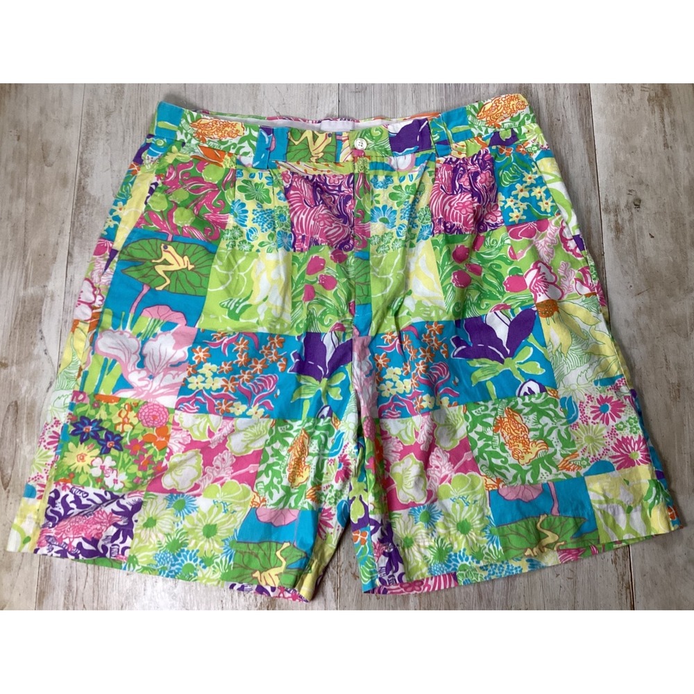 Vintage Lilly Pulitzer Mens Patchwork Shorts 38 Multi Color Floral Animal Cotton